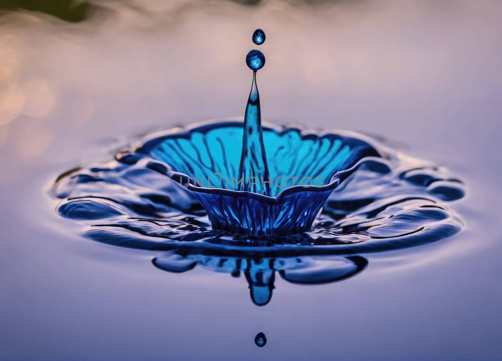 A striking blue water droplet falls gracefully into still water, creating intricate ripple patterns that shimmer under the soft light of dusk. The moment captures the delicate interplay between water and light, showcasing nature's beauty and grace.