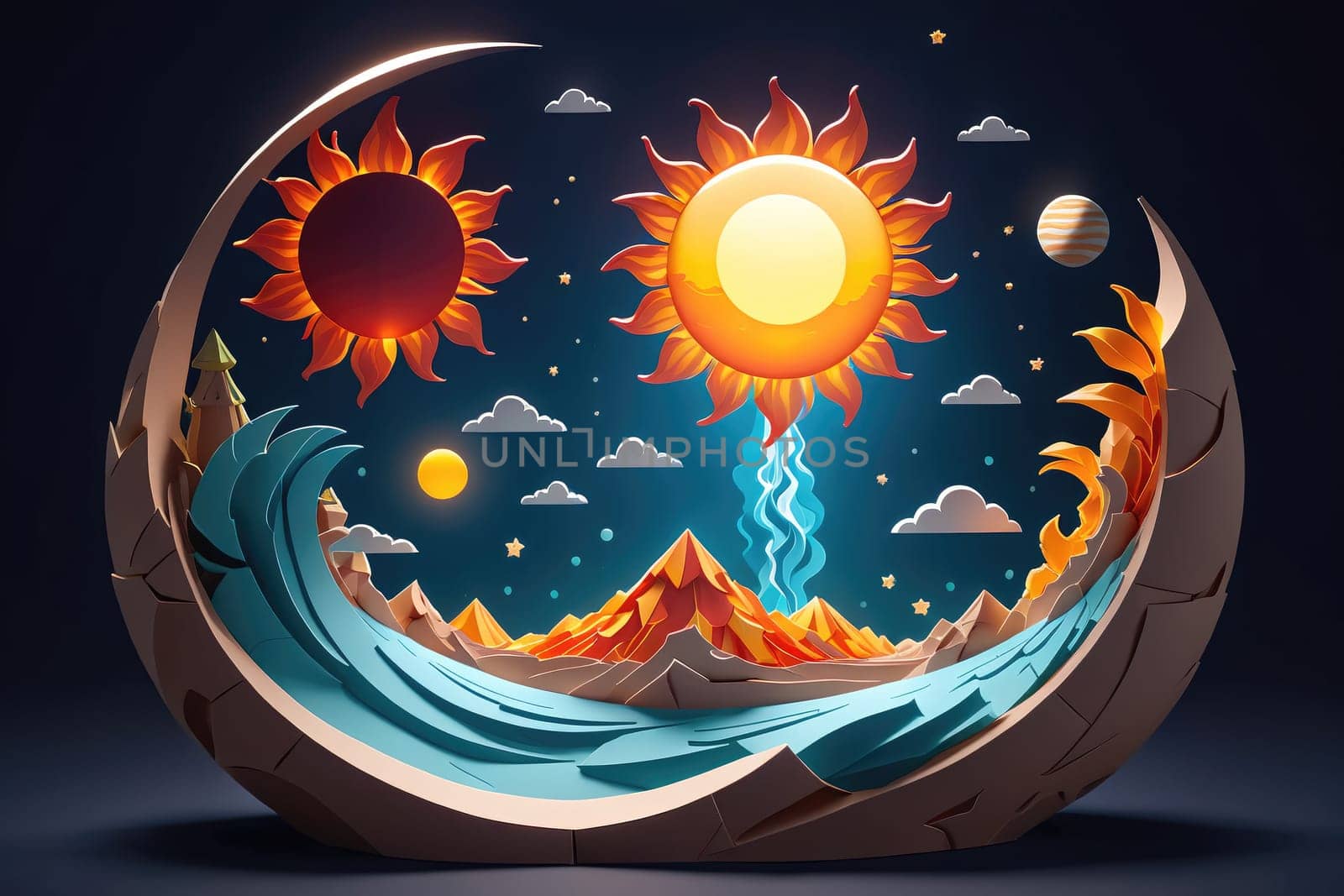 A vivid and imaginative landscape showcases the sun and planets floating above a serene ocean, with majestic mountains in the background. The colors and details create a dreamlike ambiance, inviting viewers into a fantastical realm filled with beauty and wonder.