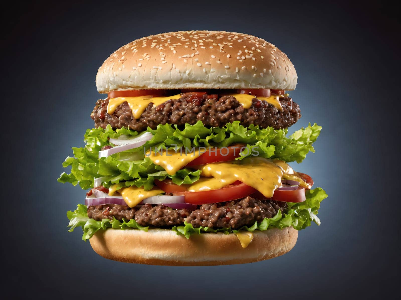 A mouthwatering cheeseburger is crafted with a fluffy sesame seed bun filled with lettuce, onions, tomatoes, and two juicy beef patties, perfectly melted cheese draping the layers. The vibrant colors and textures make it an appealing choice for burger lovers.