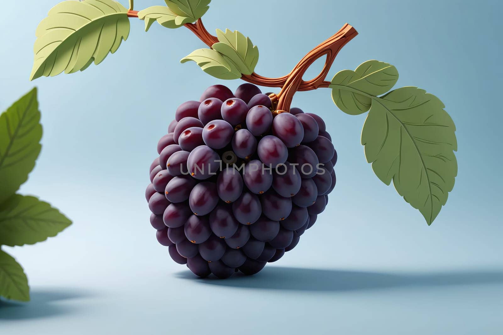 A bunch of fresh, vibrant grapes hangs on a branch, showcasing their shiny skin and beautiful color. The branch is adorned with lush green leaves, creating a natural and appealing composition. The soft background enhances the visual appeal of the grapes, making them the focal point.