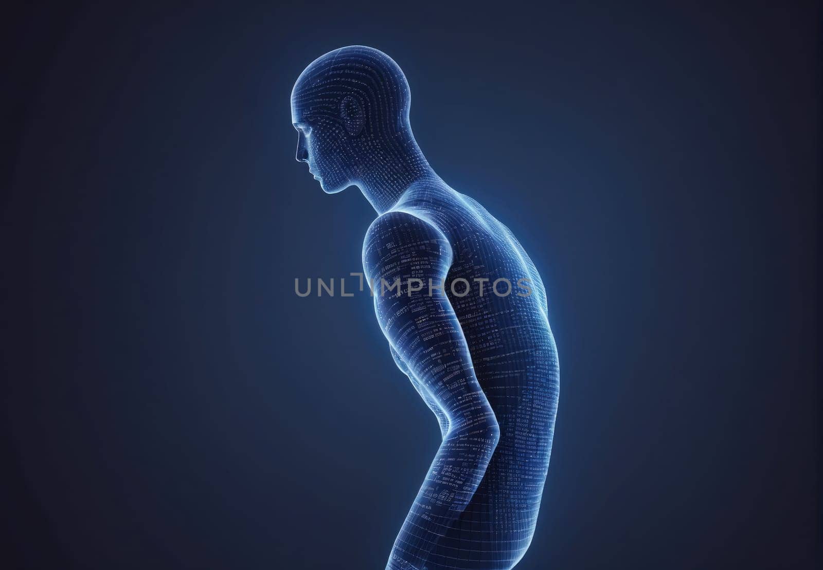 A digital human figure is depicted in a side profile view, highlighting the contours and body structure through a glowing blue outline. The background is dark, emphasizing the light emanating from the figure, creating a visually striking contrast. This representation showcases a blend of art and technology.