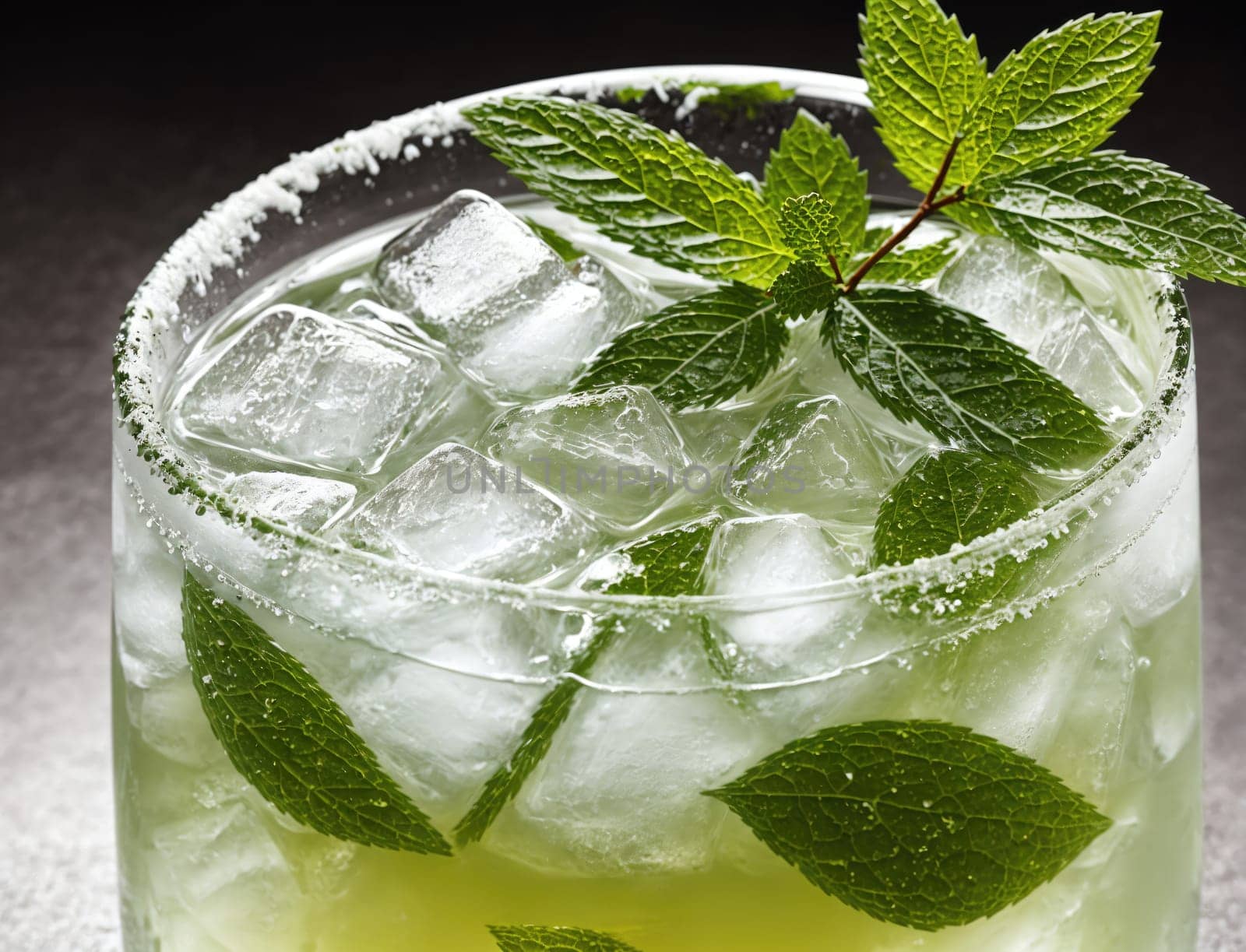 A vibrant beverage featuring fresh mint leaves rests in a clear glass filled with ice cubes. The rim of the glass is coated with sugar, enhancing the drink's appearance and flavor. The natural green hue of the mint adds a refreshing touch to this delightful concoction, perfect for any occasion.