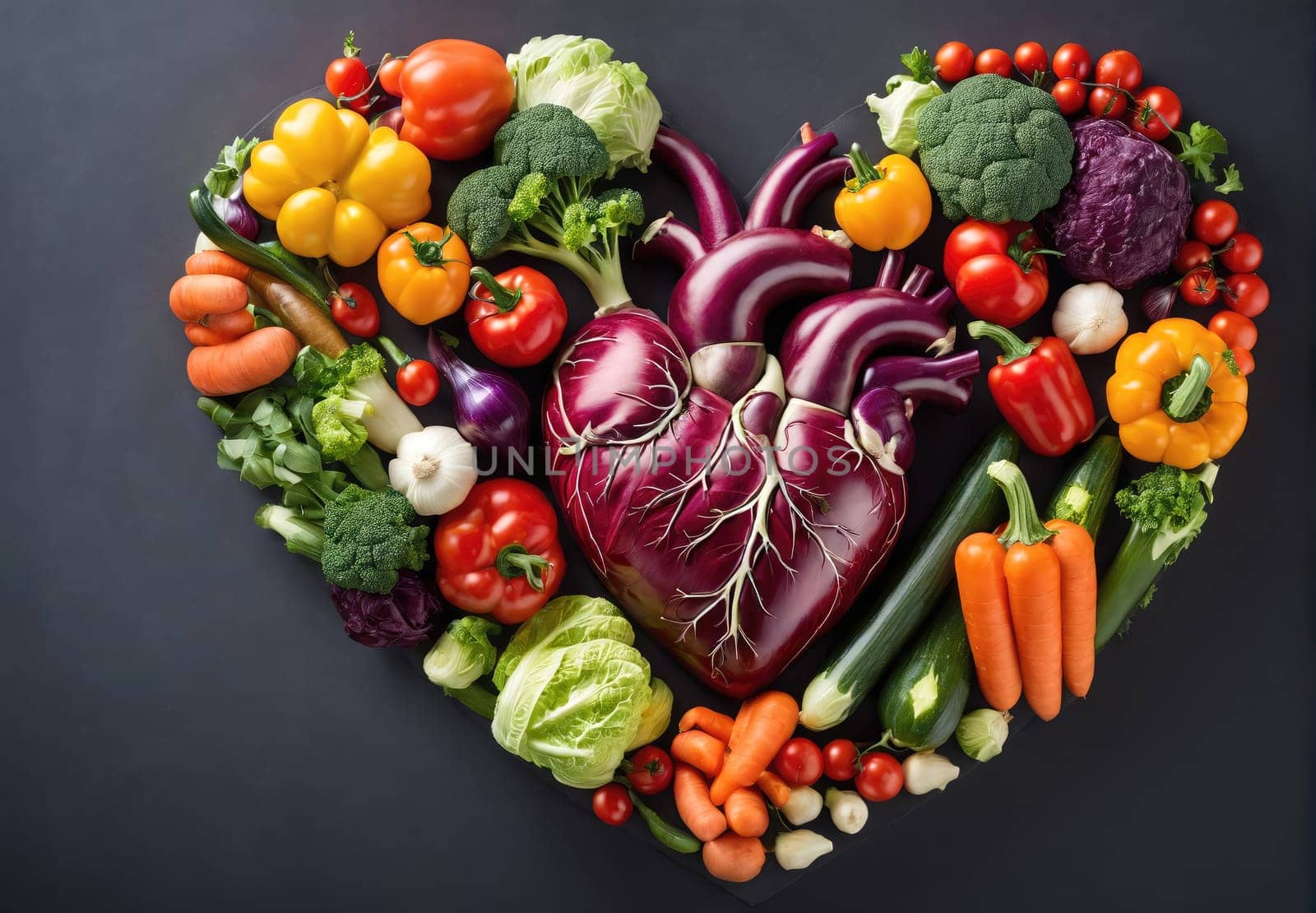 A heart made of vegetables and fruits. The heart is surrounded by a variety of vegetables and fruits, including broccoli, carrots, and tomatoes. Concept of health and vitality