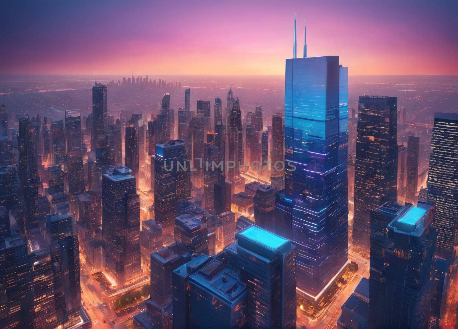 The skyline showcases towering skyscrapers bathed in twilight hues, glowing with lights as evening descends. The architectural marvels reflect the last rays of the setting sun, creating a breathtaking contrast against the deepening night sky.
