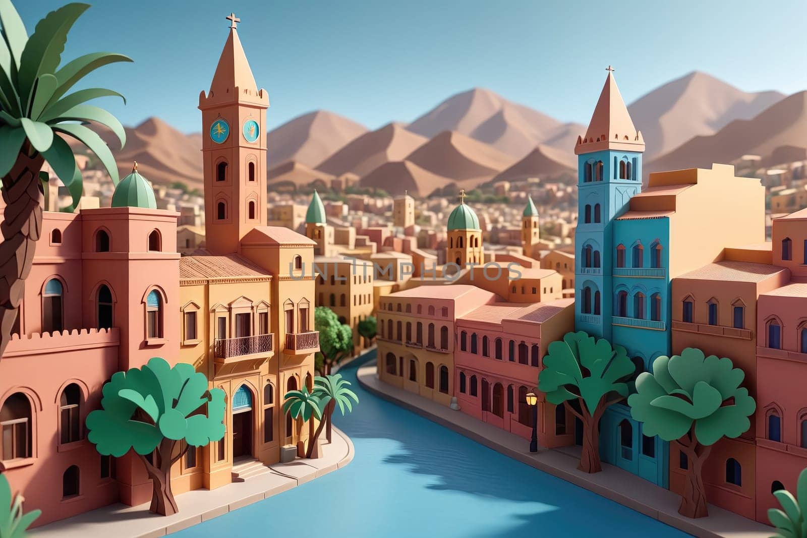 A vibrant, stylized cityscape featuring intricate paper-cut architecture, palm trees, and clock towers is illuminated in soft twilight. Nestled between rolling mountains, a serene river reflects the warm colors of the buildings, creating a picturesque, artistic scene.