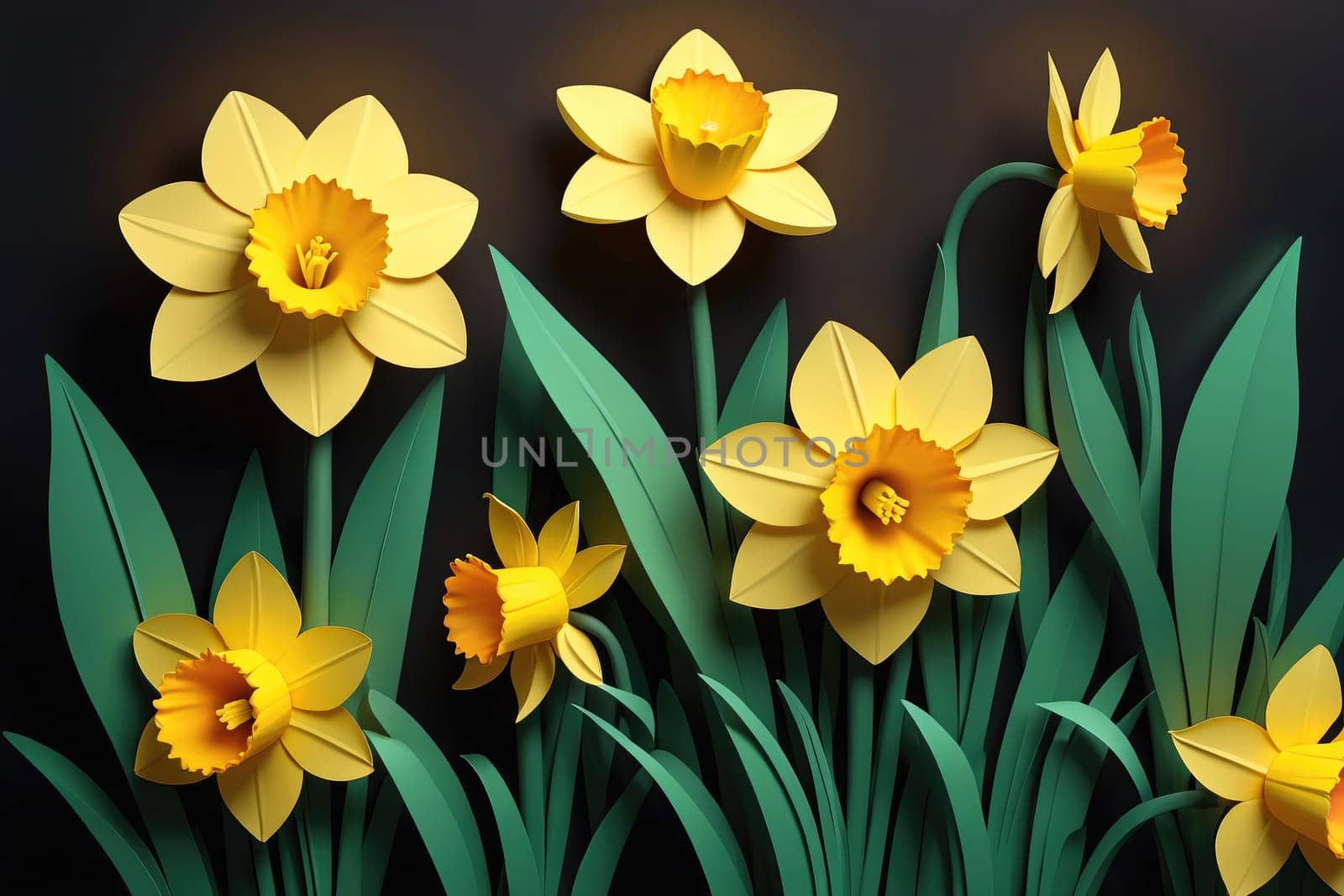 A vibrant arrangement of paper daffodils showcases intricate craftsmanship. The bright yellow flowers emerge from lush green leaves, all beautifully layered. This stunning art piece adds a unique touch to any decor with its striking contrast against a black backdrop.