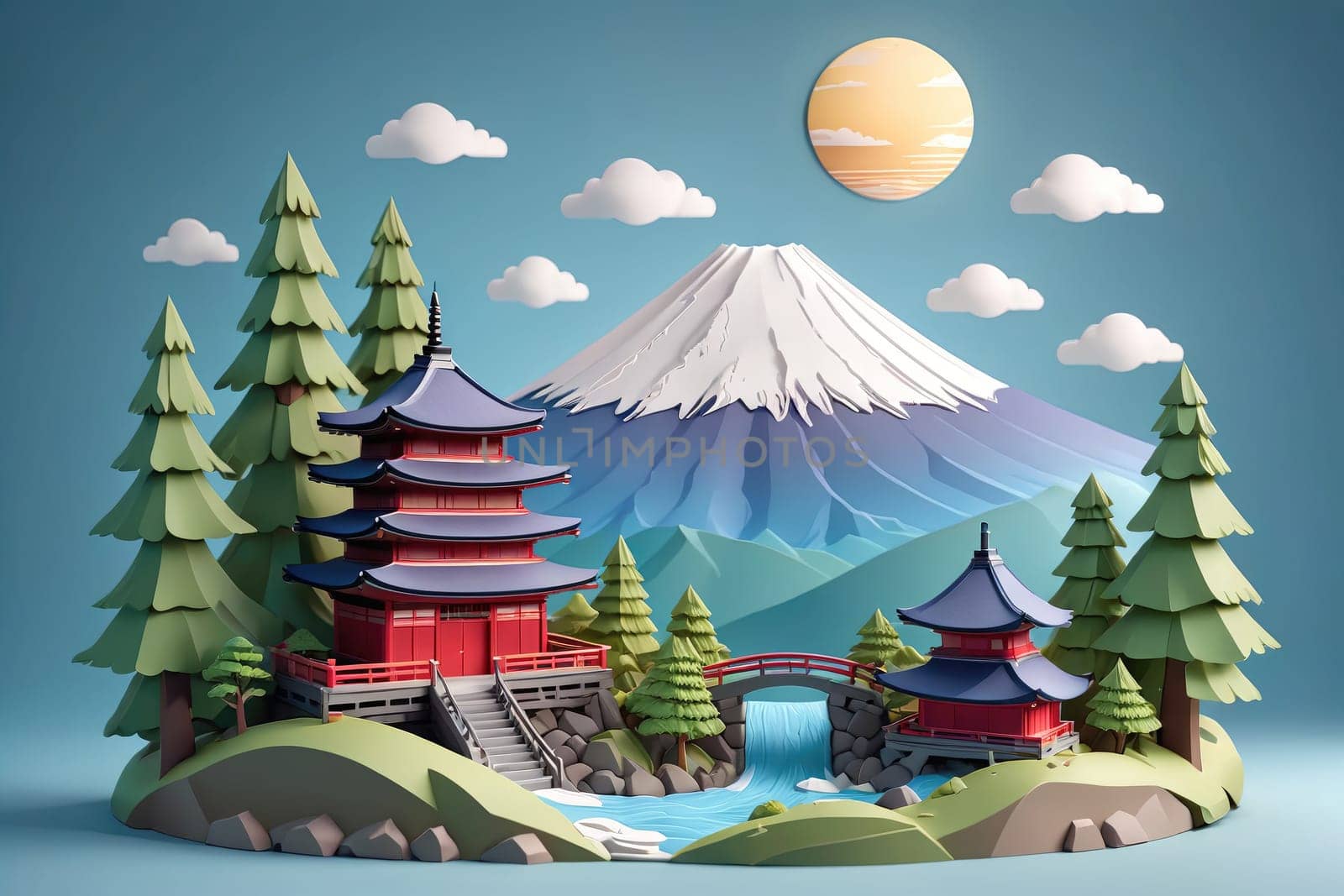 A colorful paper craft landscape showcases intricate Japanese architecture amidst lush green trees. The scene features a serene river flowing under a bridge, with a magnificent mountain backdrop and bright sun accentuating the vibrant colors.