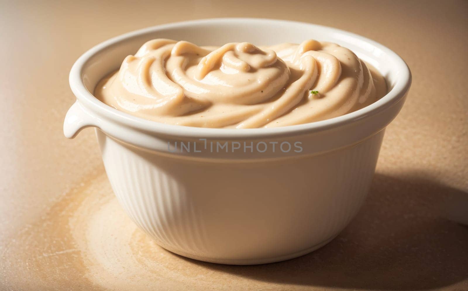 A white bowl holds a generous serving of creamy whipped topping, showcasing a smooth and inviting texture. The subtle color hints at a sweet flavor, making it a perfect addition to various desserts. The setting features a warm wooden table, enhancing the comforting atmosphere.