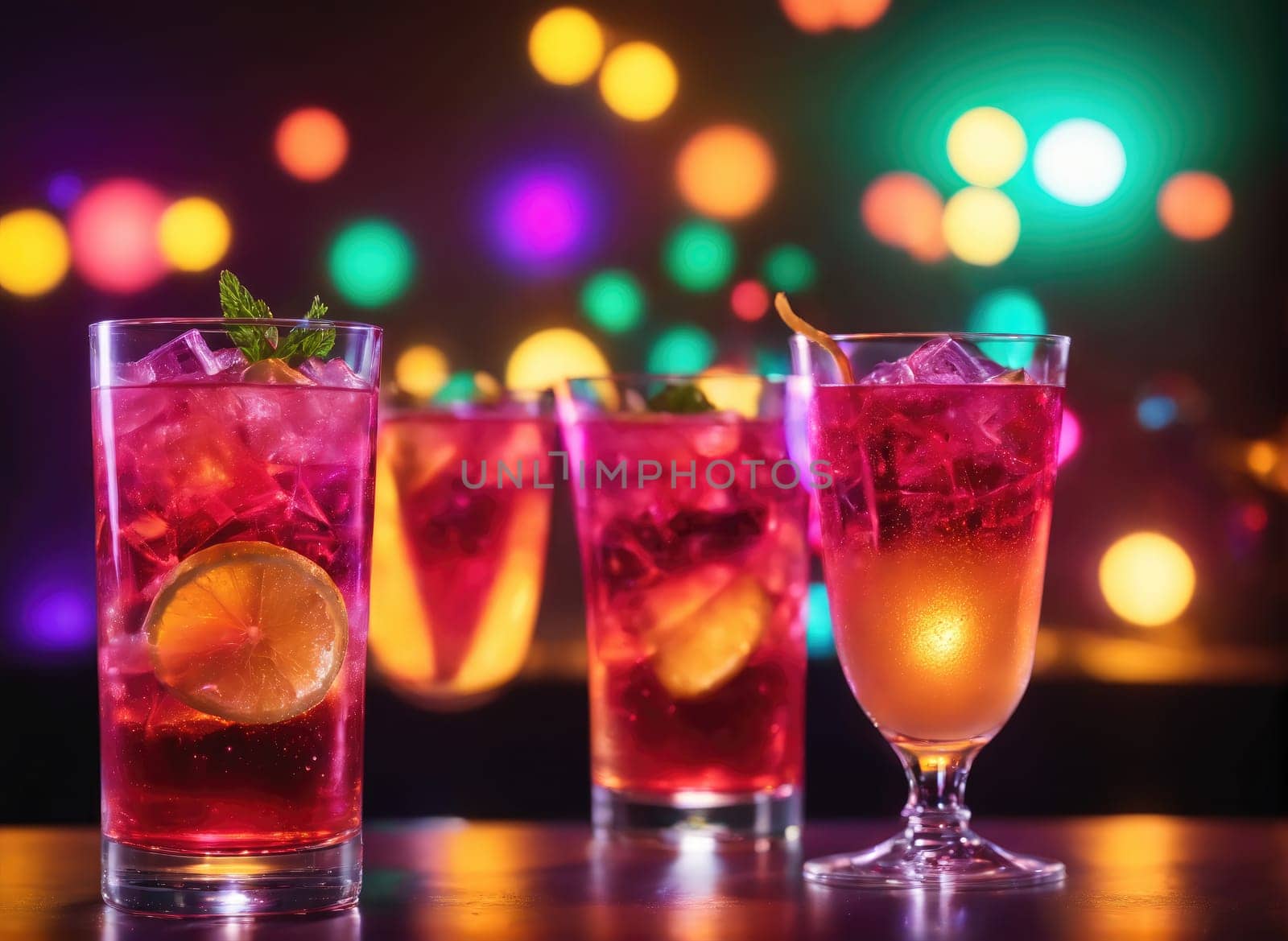 Vibrant cocktails filled with ice and garnished with fresh citrus slices are displayed in glasses, set against a backdrop of colorful bokeh lights creating a festive atmosphere for evening celebrations.