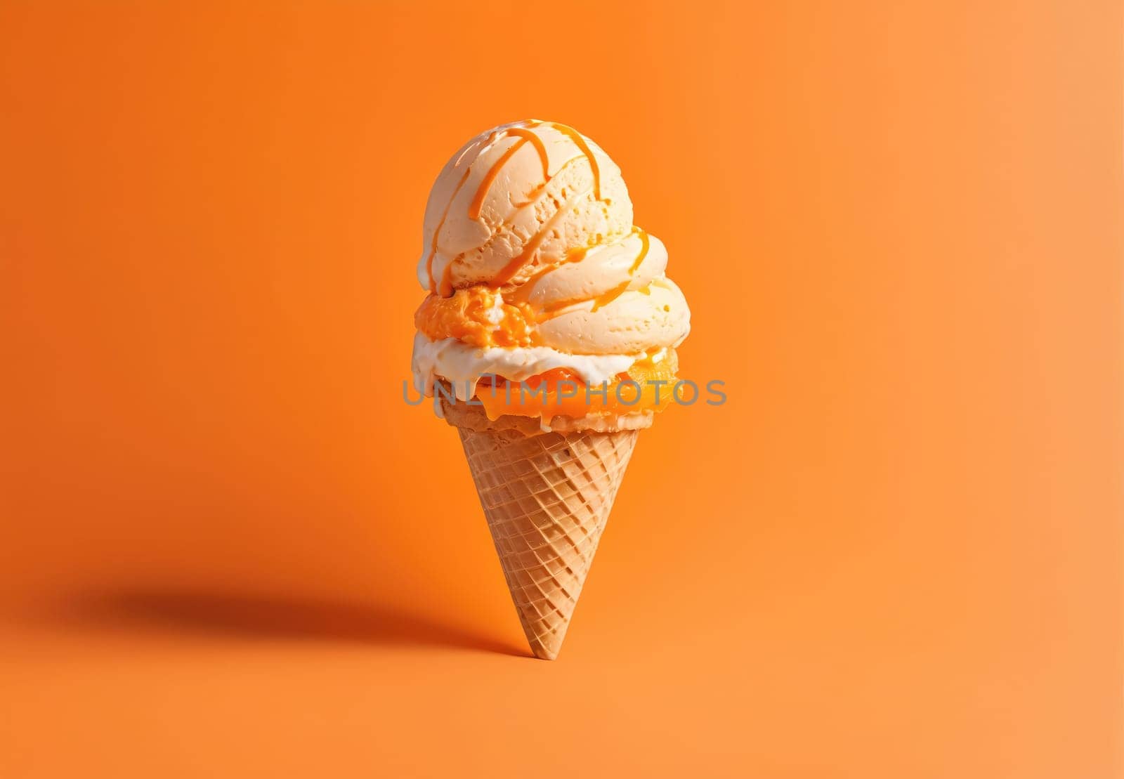 A classic ice cream cone showcases a generous scoop of creamy vanilla ice cream topped with a rich caramel drizzle. The cone rests on a smooth, vibrant orange background, enhancing the dessert's enticing appearance and evoking a sense of summertime treat enjoyment.