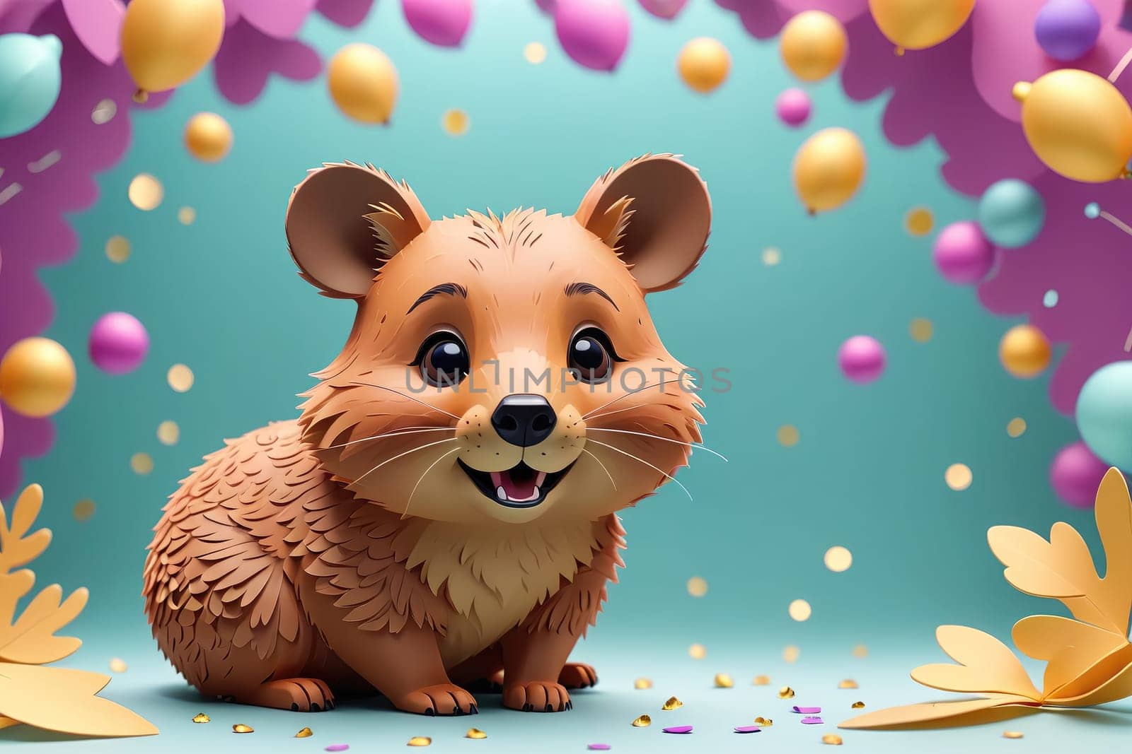 A charming cartoon character resembling a small animal sits happily amidst a vibrant backdrop filled with colorful decorations and balloons. The joyful atmosphere is enhanced by the playful arrangement of confetti and leaves, creating a festive and cheerful setting perfect for celebrations.