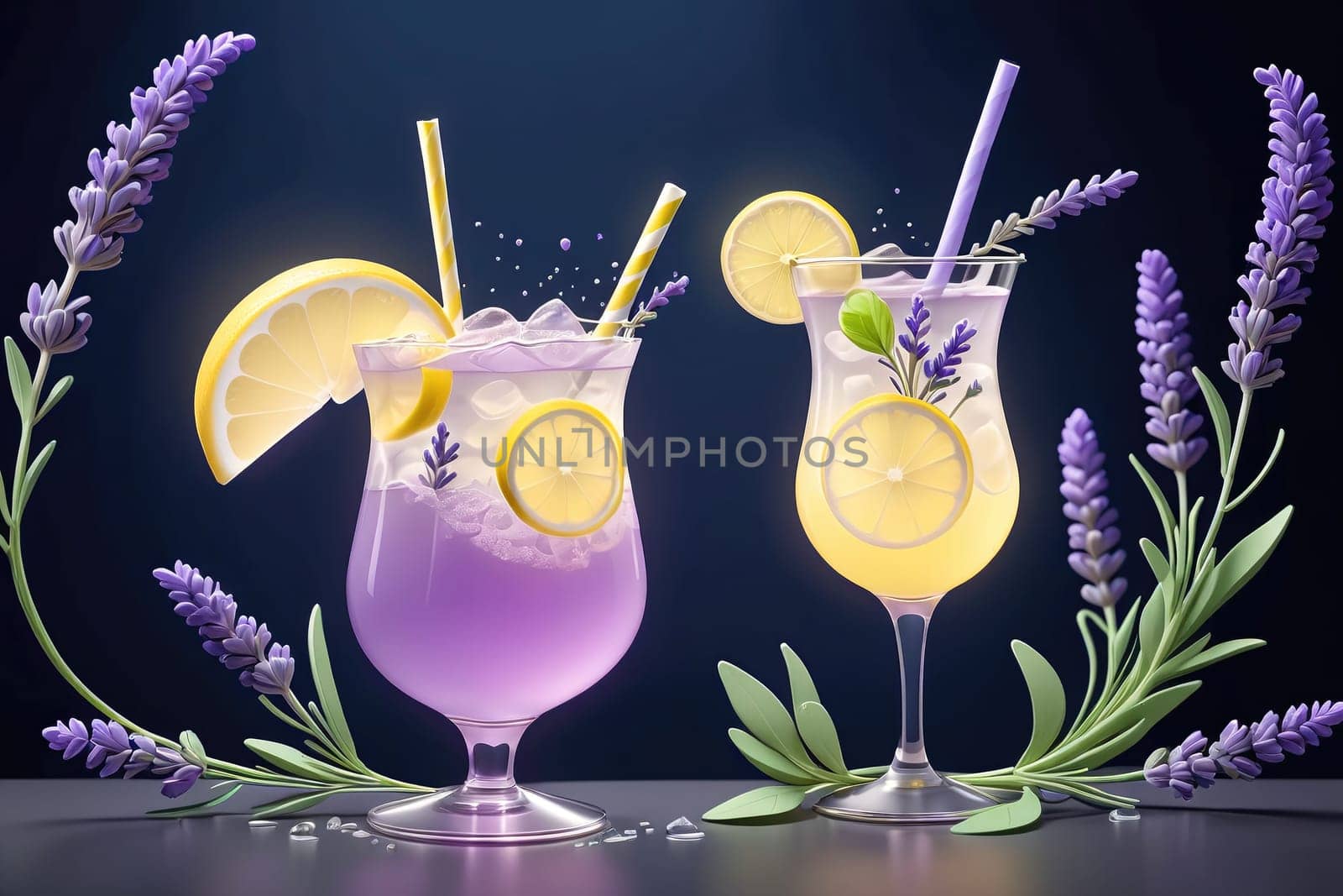 Two elegant drinks are presented, showcasing a lavender lemonade and a violet cocktail. Each features vibrant colors, garnished with lemon slices and lavender sprigs, set against a dark background to highlight their refreshing appeal.