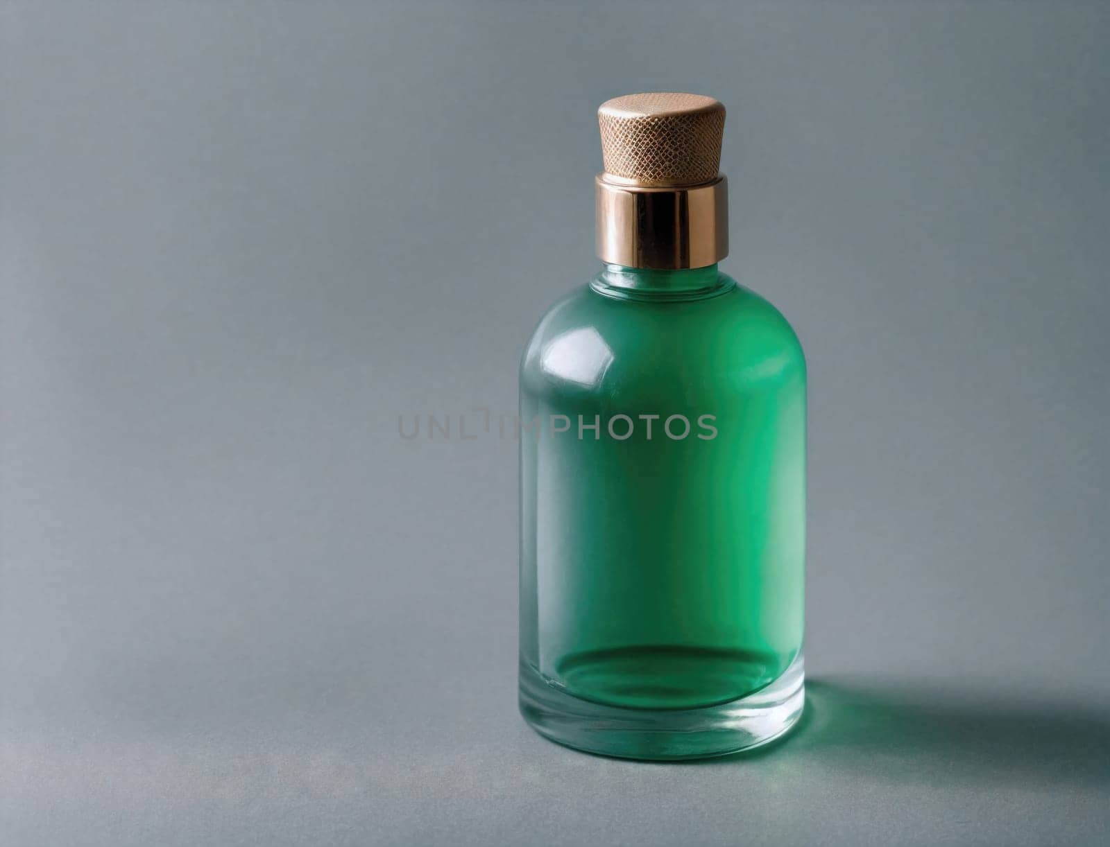 A beautifully designed green glass bottle sits prominently with a cork lid, casting a subtle shadow against a soft gray backdrop. The combination of colors and materials creates a sophisticated and appealing look, perfect for various uses.