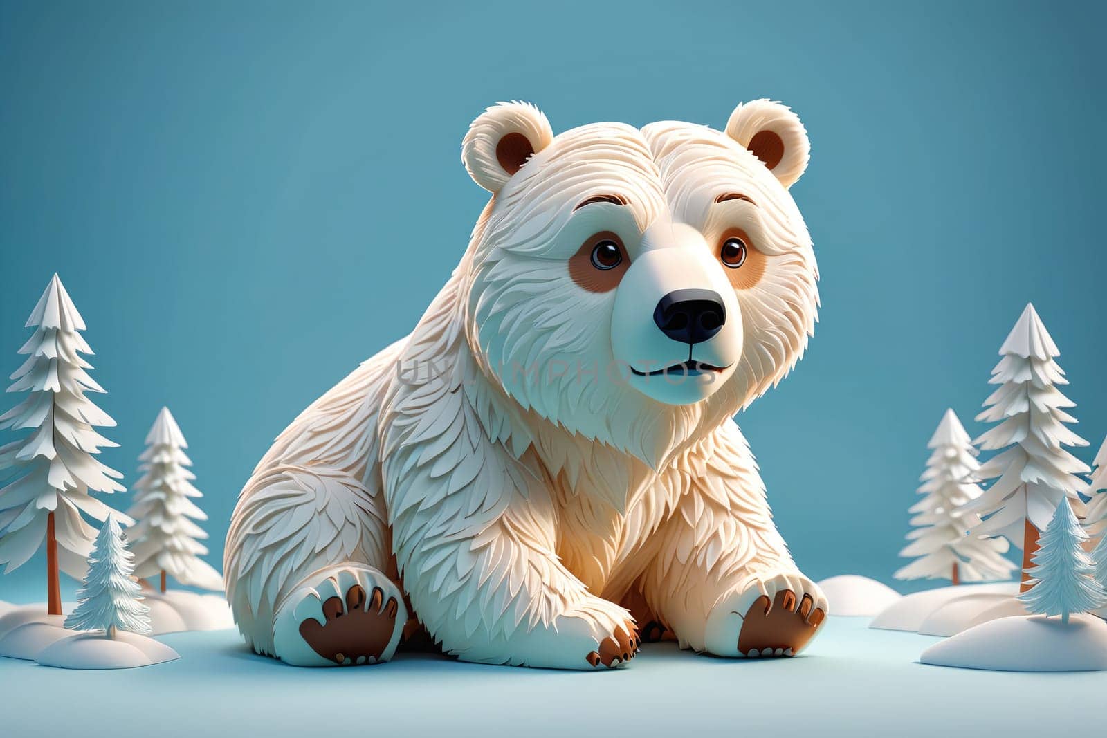 A charming cartoon polar bear sits in a snowy landscape, surrounded by small, stylized pine trees. The bear features soft, fluffy fur and an expressive face, capturing a playful essence. The light blue background enhances the winter theme while creating a whimsical atmosphere.