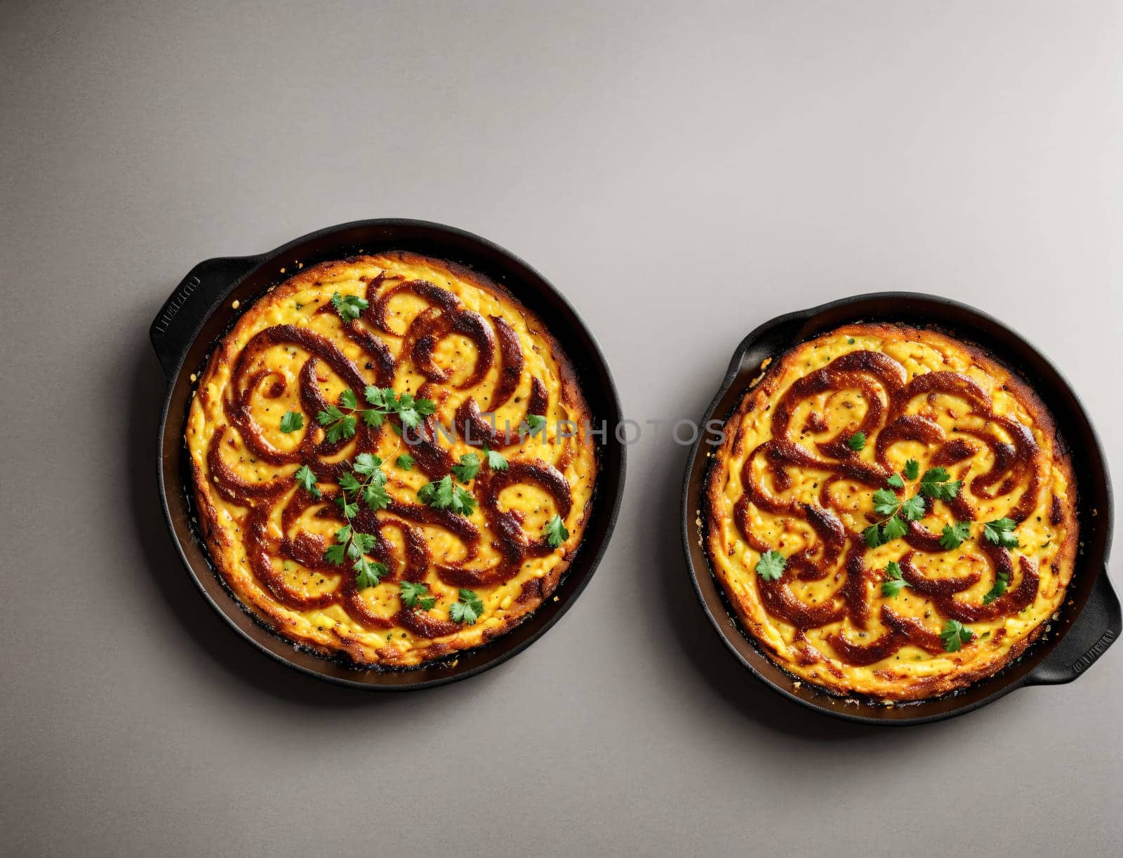 Two beautifully baked quiches sit on a kitchen counter, showcasing intricate swirl patterns on top. The golden crusts are garnished with fresh herbs, adding a vibrant touch. The warm atmosphere of the cozy kitchen enhances the home-cooked appeal of this scrumptious dish, perfect for any meal.