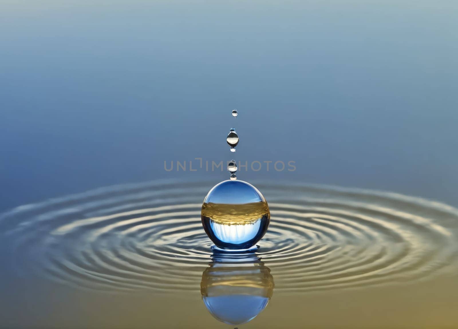 A single droplet creates ripples as it falls into a serene, blue expanse of water. The early morning light casts a gentle glow, enhancing the tranquil atmosphere and emphasizing the beauty of nature's simple moments.