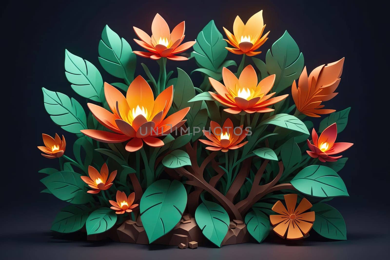Intricate paper flowers of various sizes bloom in vibrant shades of orange, surrounded by lush green leaves. The gentle glow from the center of each flower adds warmth, creating an enchanting atmosphere in the studio where this artistic arrangement has been carefully crafted.