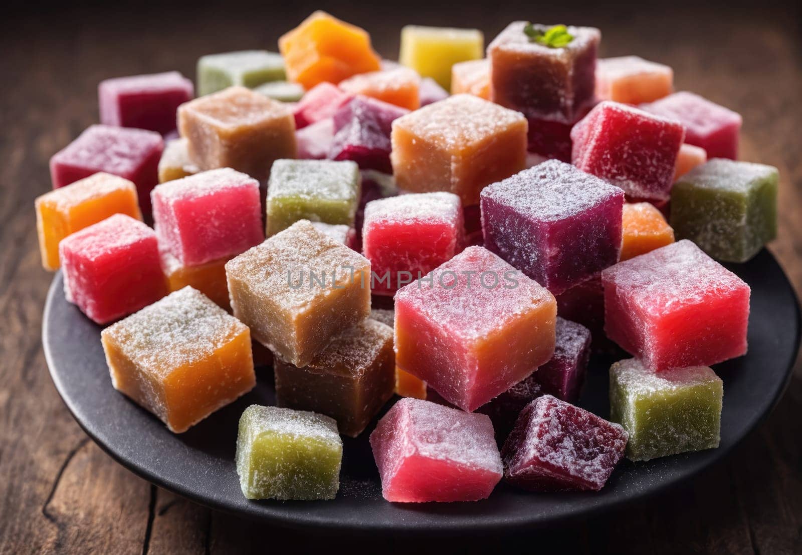 A vibrant assortment of fruit-flavored jellies lies scattered on a sleek black plate, showcasing various colors and textures. The candies glisten under warm natural light, appealing to the senses with their sugary sparkle. Their geometric shapes add a playful element to the composition, inviting indulgence.