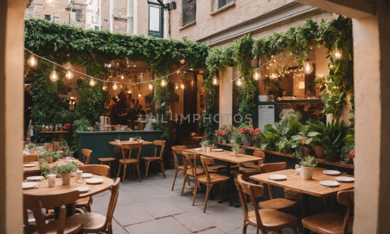 An inviting outdoor dining space features wooden tables and chairs arranged under soft string lights, creating a warm and welcoming atmosphere. Lush greenery and potted plants enhance the cozy setting, providing a perfect backdrop for guests enjoying their meals. The restaurant is situated in a vibrant urban area, blending nature with city life.