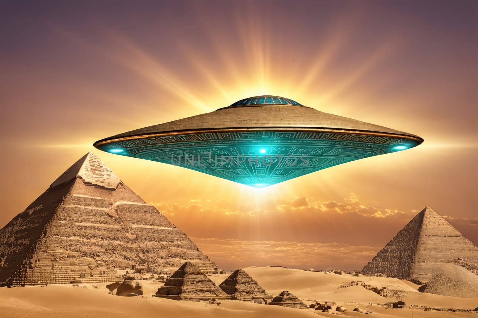 A mysterious flying object is seen hovering just above the Great Pyramids of Giza, illuminated by a vivid sunset. The sky is painted in warm hues, creating a striking contrast with the ancient structures below. The scene evokes a sense of wonder and intrigue as the craft emits a soft glow against the backdrop of the vast desert landscape.