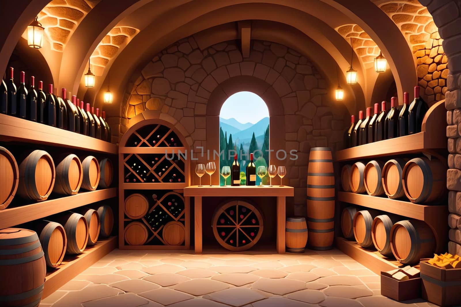 The room features a beautifully designed wine cellar with rows of wine bottles neatly arranged on wooden shelves. A set of glasses sits on a table in front of the cellar, while wooden barrels and a large window showcase a stunning mountain view illuminated by warm lighting.