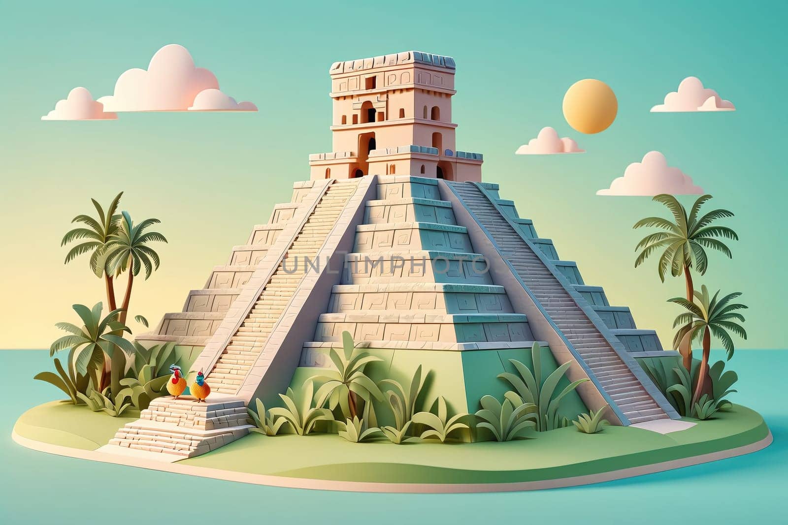 A majestic pyramid rises amidst vibrant tropical vegetation, with steps leading to its top. Two colorful birds perched nearby add life to the serene landscape. The warm colors of the sunset create a picturesque backdrop.