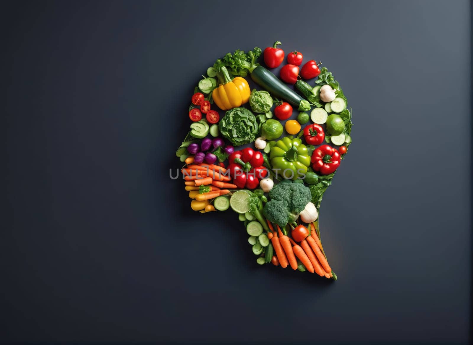 An artistic display of various vegetables forms the silhouette of a human head, showcasing an innovative representation of health and nature. The colorful arrangement features a variety of vegetables, each adding detail and texture, set against a dark background that enhances the vibrant colors.