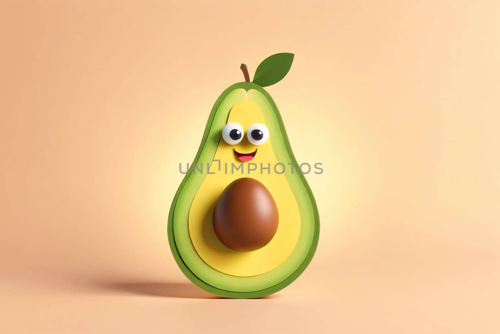 A whimsical avocado character features exaggerated features, such as large googly eyes and a wide smile. The background is a soft beige, enhancing the playful nature of the design. The avocado has a vibrant green skin and a brown pit, making it visually appealing.