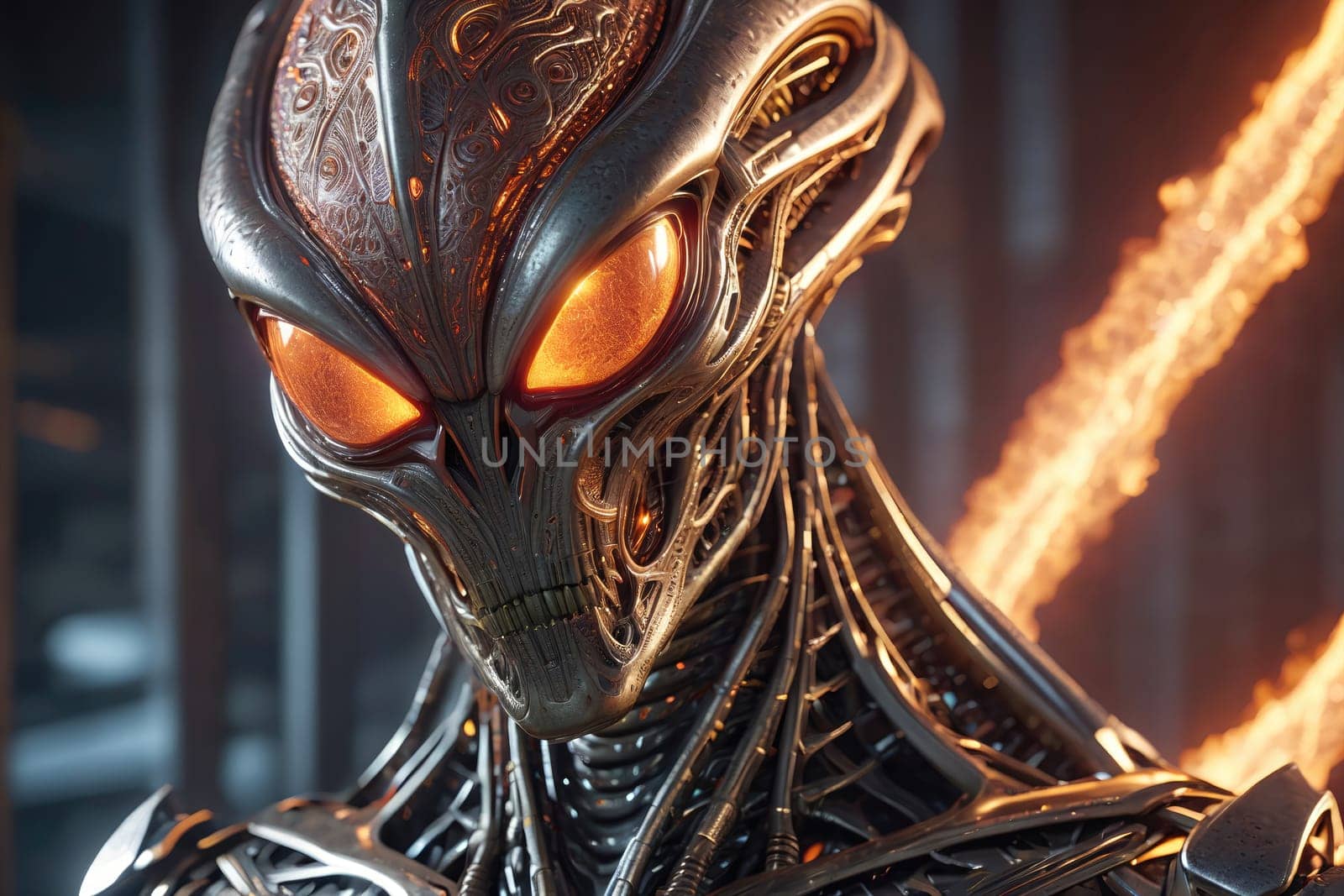A highly detailed robotic entity stands prominently in a dimly lit background. Its intricate metallic surface features ornate patterns, while its glowing orange eyes emit a captivating light. The overall design blends organic and mechanical elements, creating an otherworldly presence.