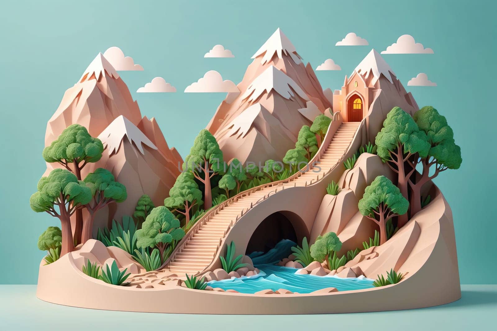 This artwork depicts a lush mountain landscape featuring realistic peaks, trees, and a flowing river. A staircase leads to a cave that glows warmly in the background, suggesting adventure and exploration.