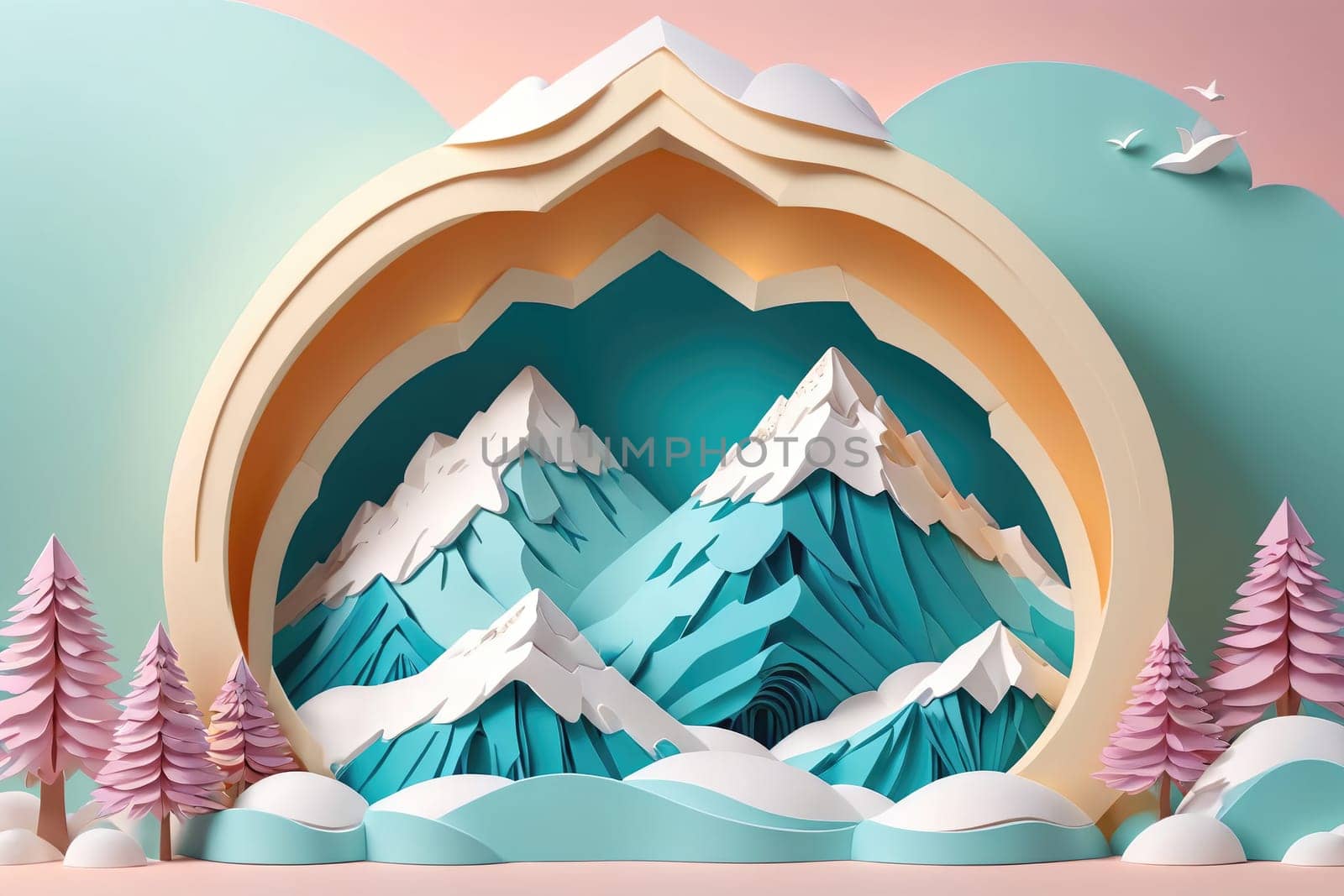 This creative artwork features majestic mountains crafted from layered paper, surrounded by soft pastel colors. Pink trees stand prominently, adding a whimsical touch to the serene landscape.