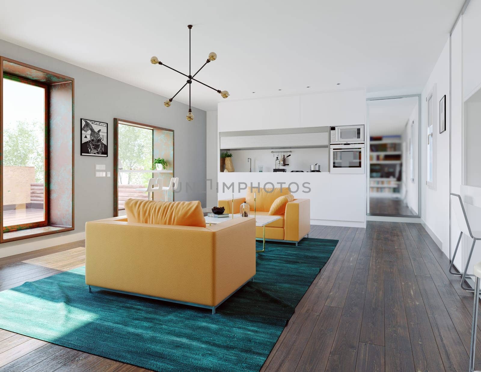 modern home kitchen with table in the window. 3d rendering design concept