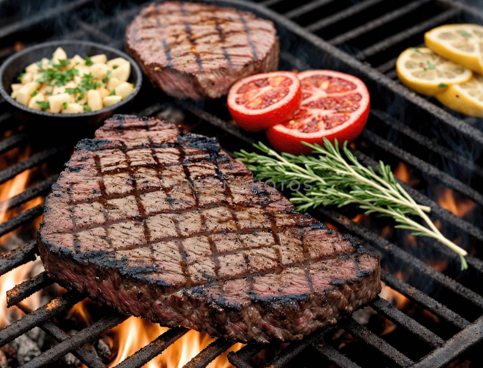 Juicy steaks are sizzling on the barbecue grill, showcasing beautiful grill marks. Fresh herbs and vibrant sliced vegetables surround the meat, enhancing the culinary presentation.