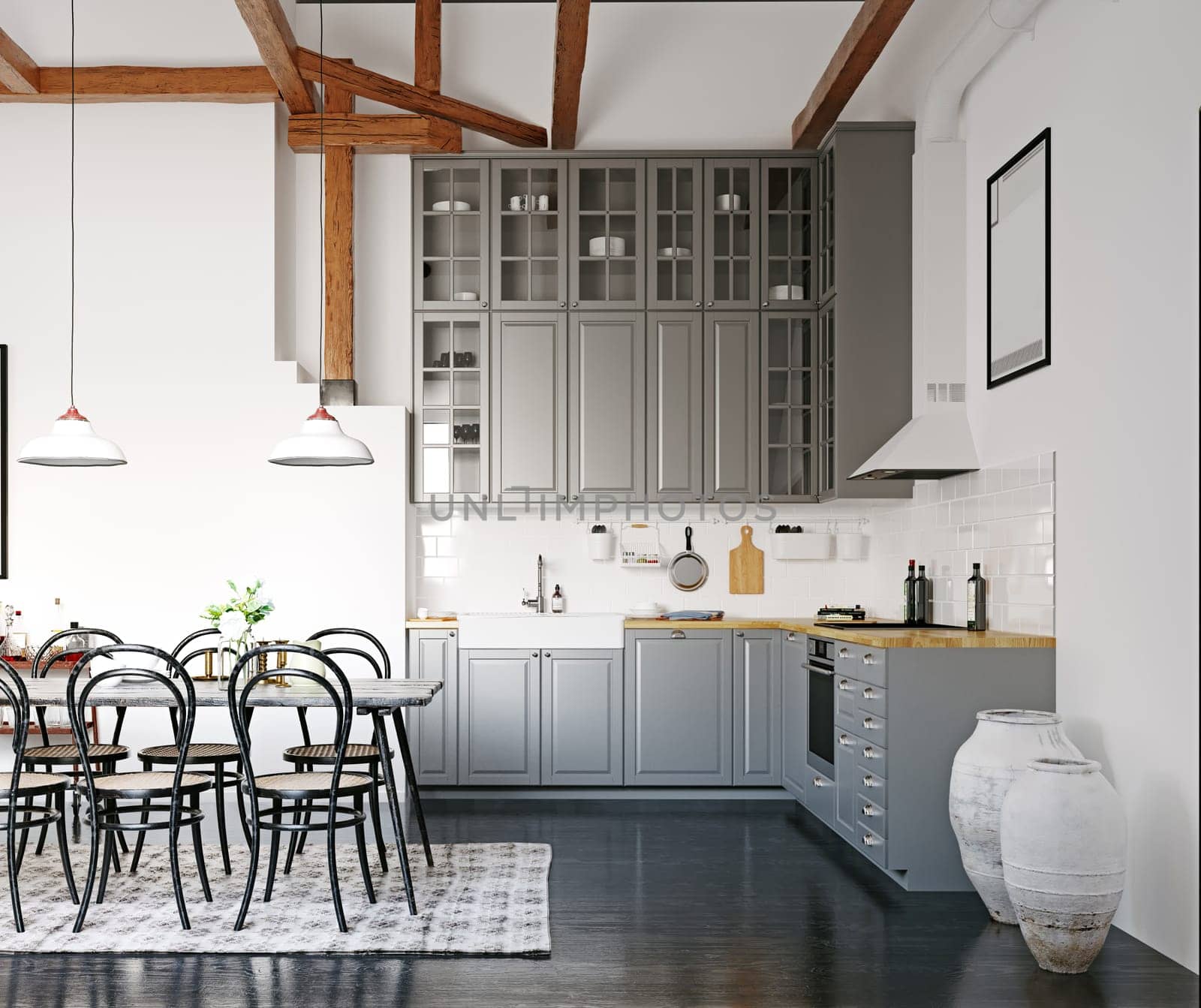 modern loft kitchen interior design. 3d rendering concept