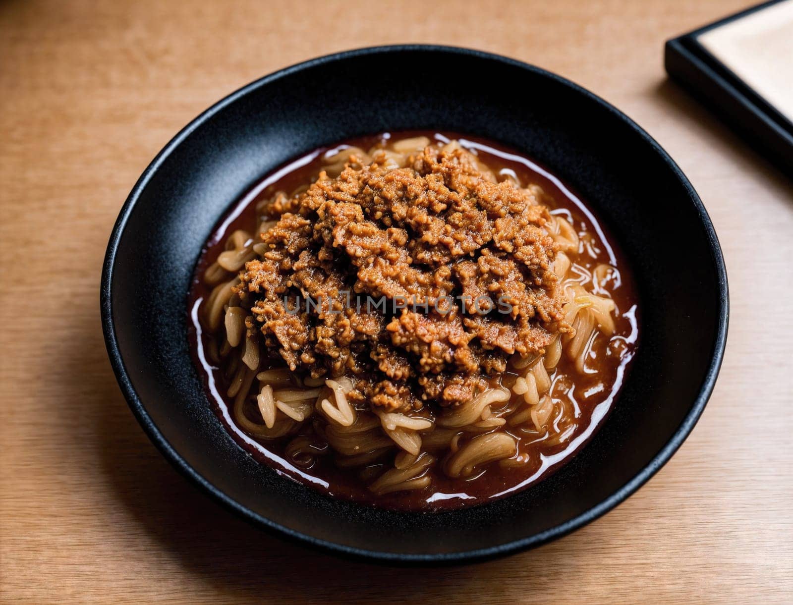 A beautifully presented bowl contains rich, savory noodles topped with a generous portion of intricately seasoned ground meat. The comforting dish is served in an elegant black bowl, showcasing an inviting brown sauce that tantalizes the taste buds.
