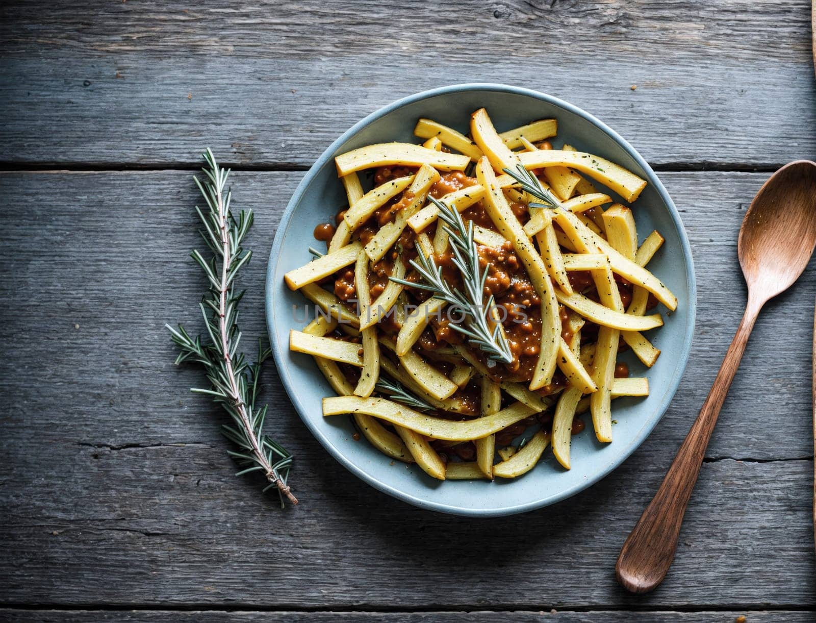 A plate of freshly prepared pasta is presented with a garnish of rosemary on a rustic wooden table. The dish showcases a golden yellow hue, with strands neatly arranged. Nearby, a wooden spoon complements the natural setting, enhancing the homemade feel.