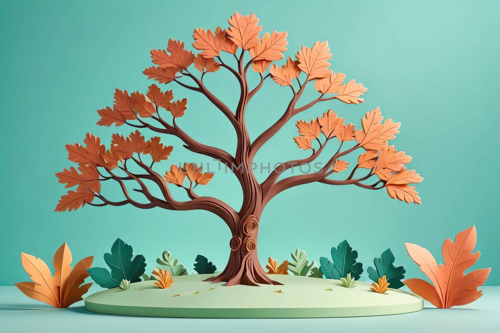 A beautiful paper craft showcases a large tree with vibrant autumn leaves in shades of orange and brown. Surrounding the tree are intricately designed paper plants and foliage, adding texture and depth to the display. The background is a soft teal color, enhancing the warm tones of the leaves and creating a harmonious visual effect.