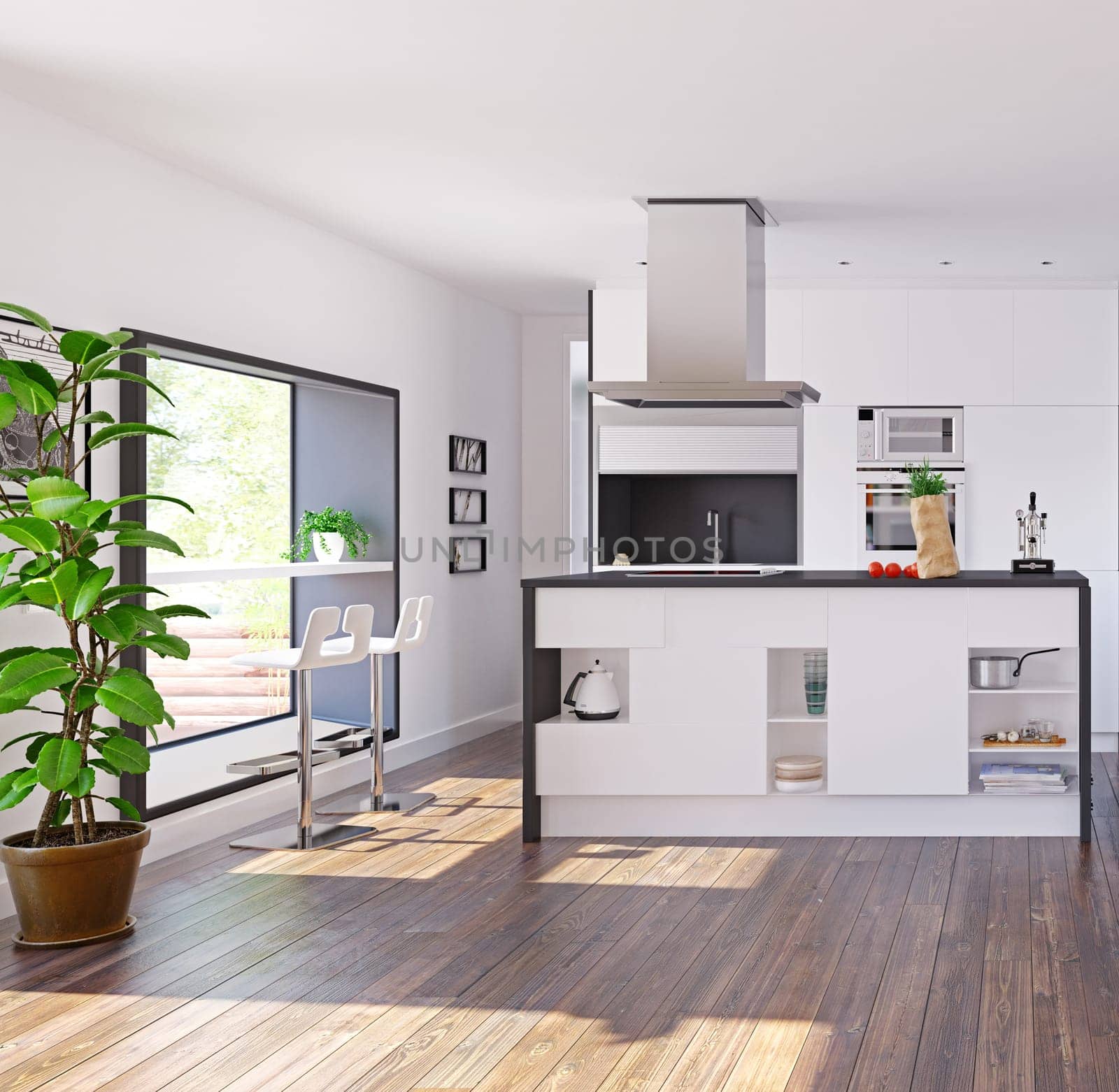 modern home kitchen with table in the window. 3d rendering concept