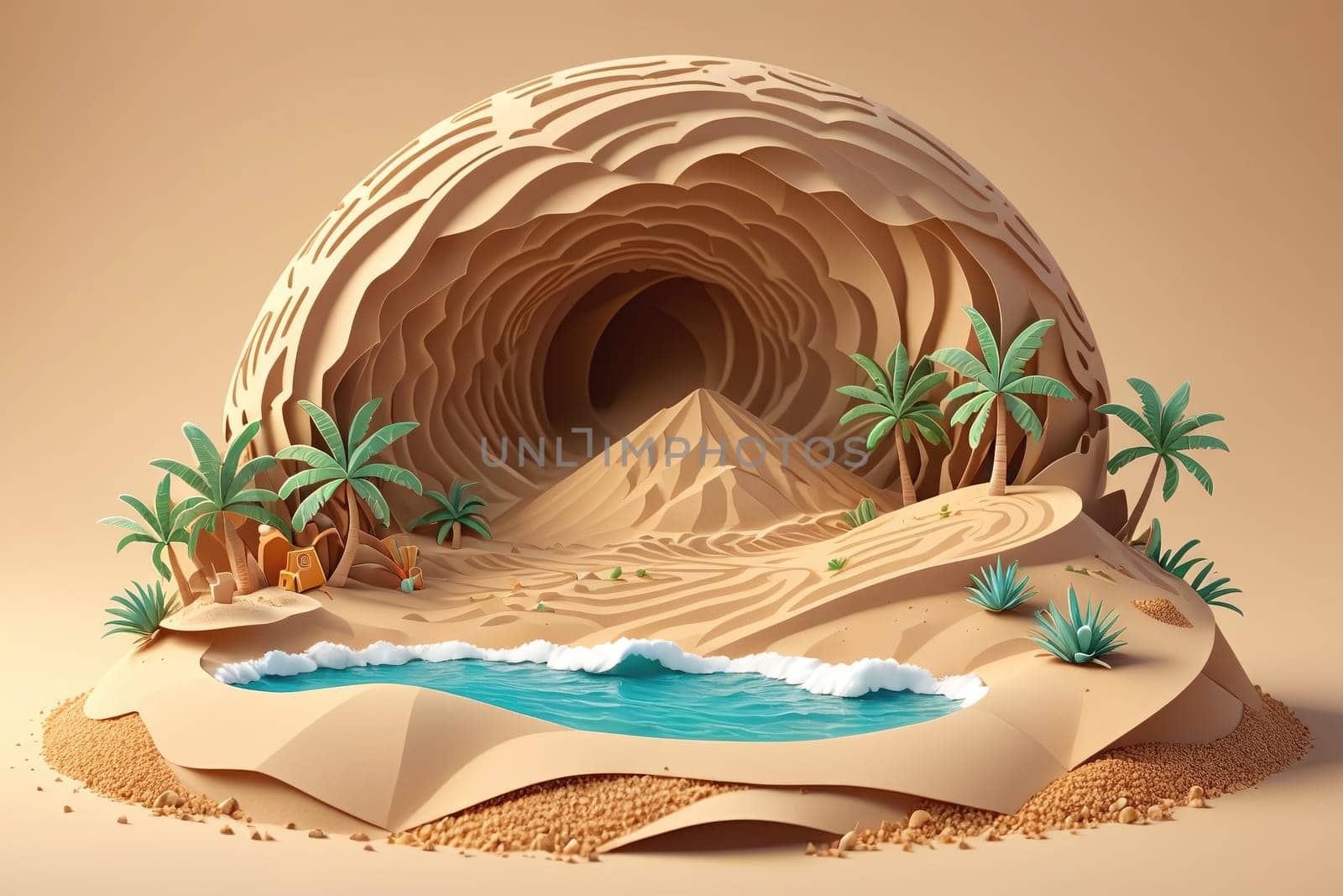 A beautifully crafted paper sculpture showcases a serene desert oasis surrounded by lush palm trees and rolling sand dunes. The tranquil water reflects the warm colors of the sandy landscape, creating a harmonious balance between nature and artistry.