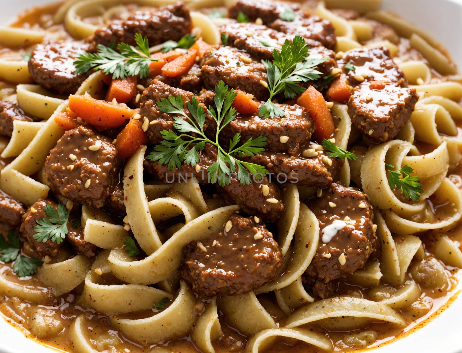 Tender beef chunks are saut?ed with fresh carrots and herbs, then layered over a bed of thick noodles. The dish is richly sauced, creating a hearty and satisfying meal perfect for any dinner table.