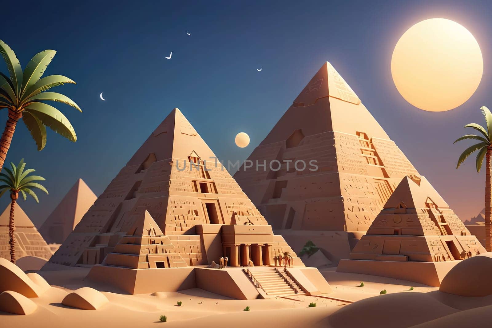 The stunning Pyramids of Giza rise prominently against a vivid sunset, surrounded by swaying palm trees. The warm glow of the setting sun illuminates the ancient structures, creating a captivating view that highlights their architectural grandeur and historical significance.