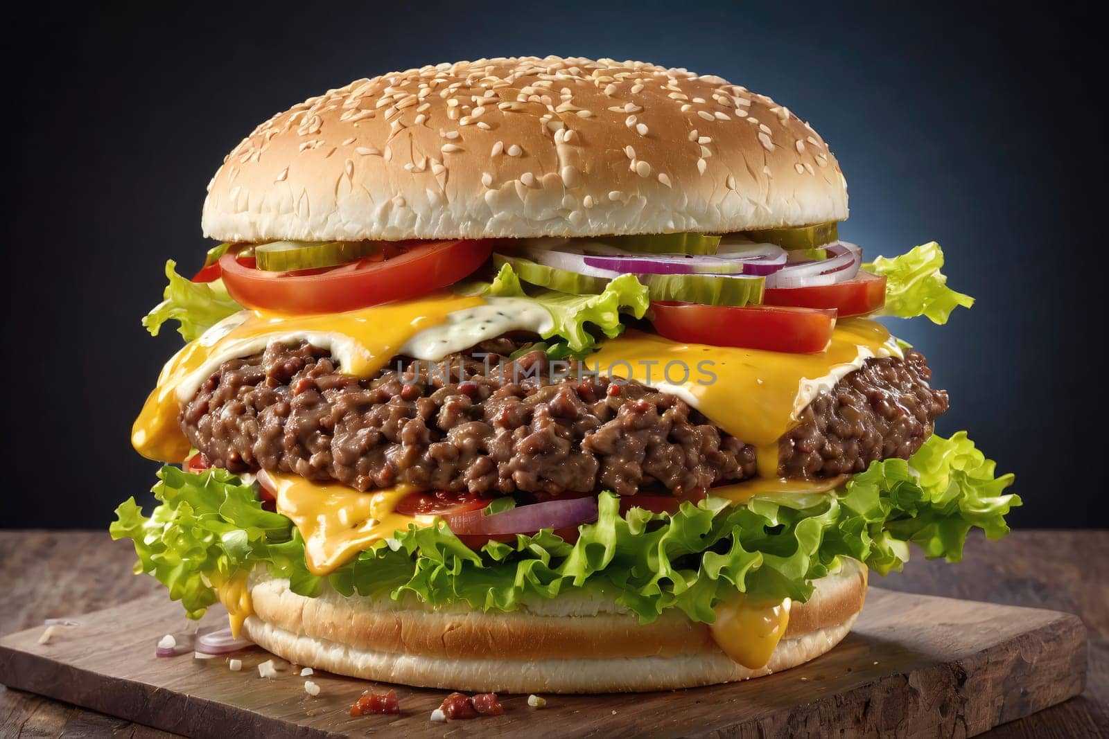 This enticing cheeseburger is layered with crispy lettuce, juicy tomatoes, and crunchy pickles, all resting atop a perfectly grilled beef patty. Melted cheese drips down the sides, complementing the fresh flavors within the soft sesame seed bun. The rustic wooden surface enhances the appetizing presentation, making it an irresistible choice for any meal.