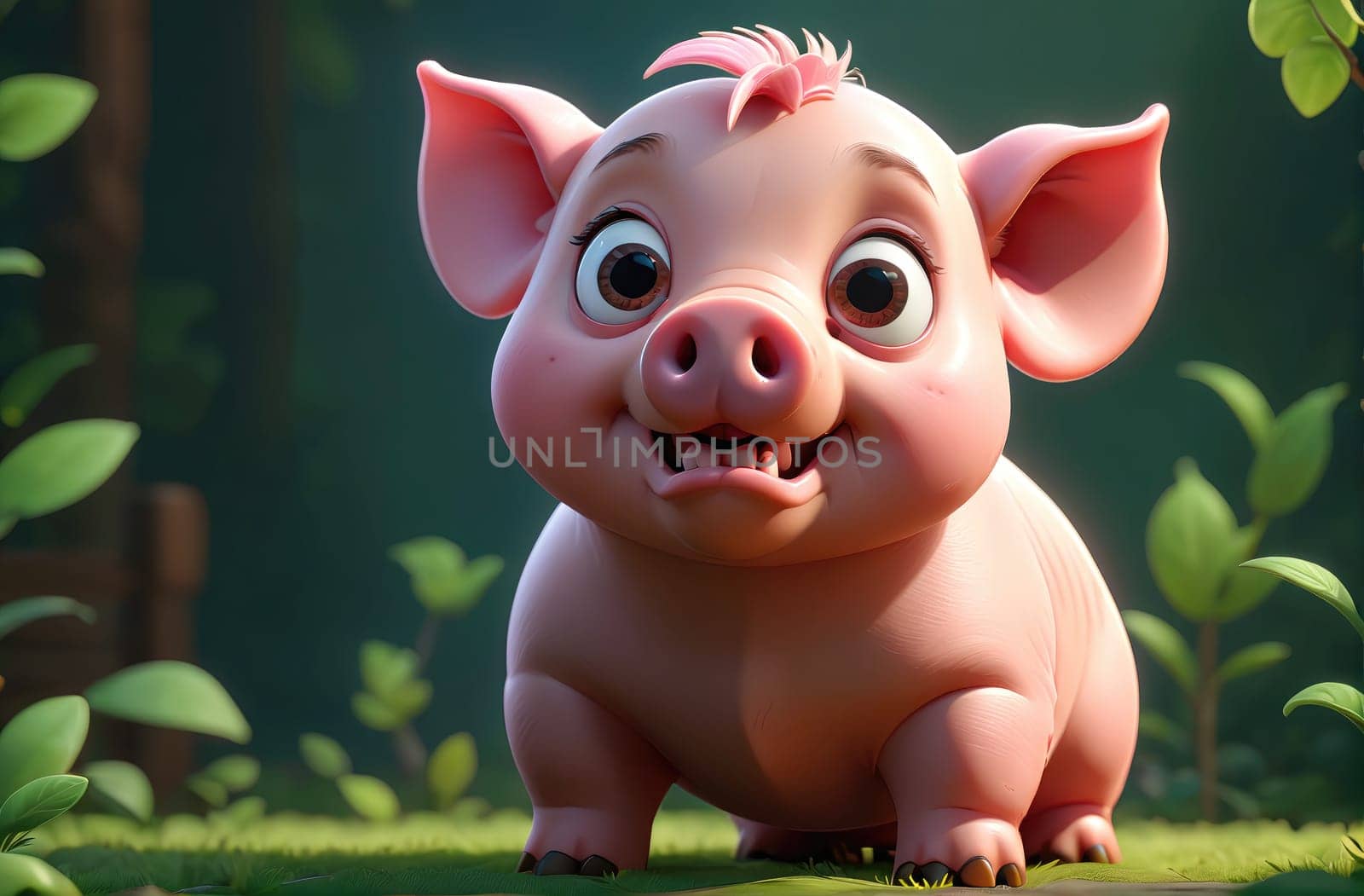 A charming piglet with large expressive eyes displays a joyful smile while standing amidst vibrant green foliage. The forest atmosphere creates a lively and enchanting backdrop, enhancing the adorable character of the piglet. Its pink skin and playful demeanor contribute to a sense of whimsy and joy.