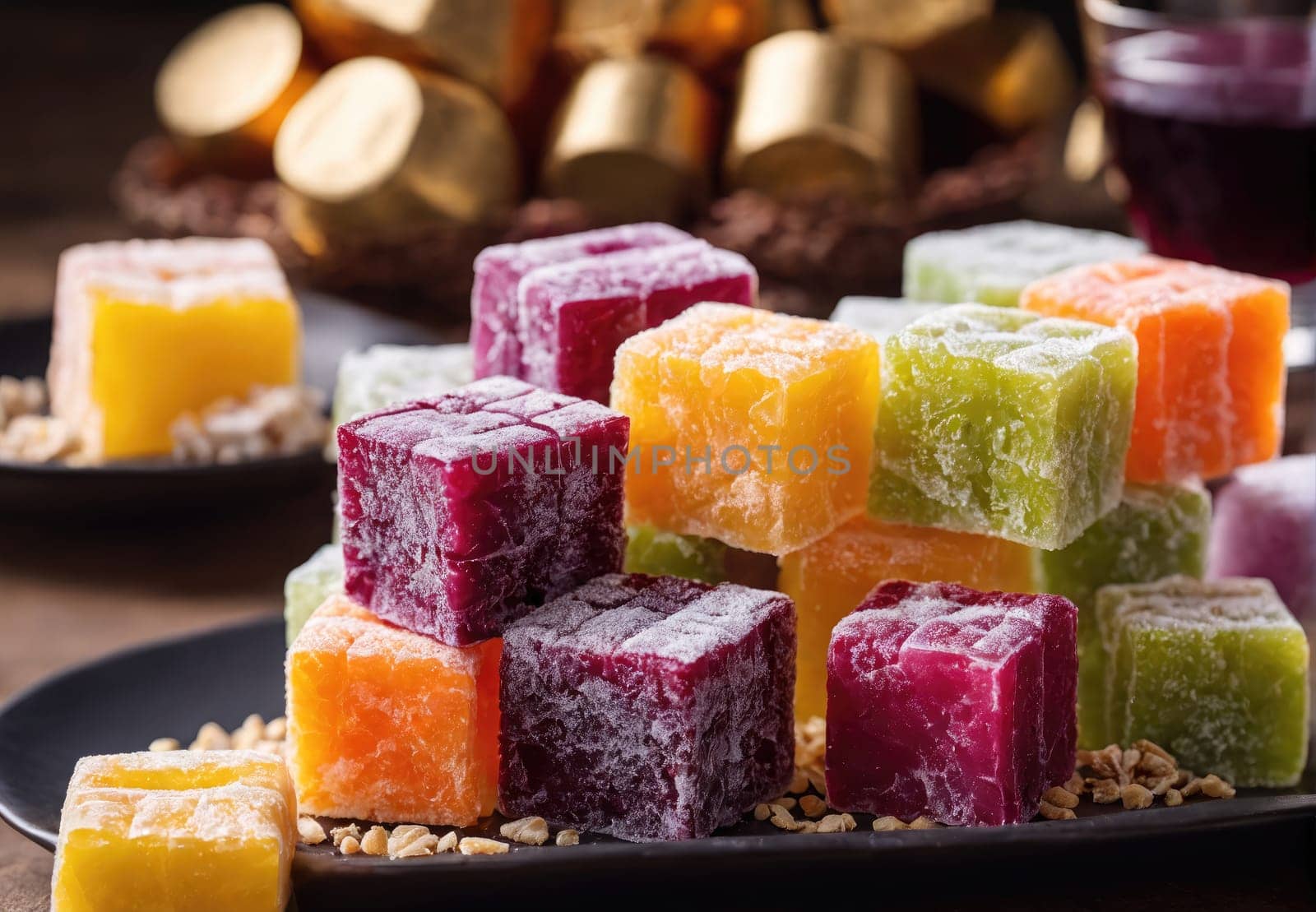 A vibrant display of assorted jelly-like confections is arranged on a decorative plate, showcasing various colors and flavors. In the background, elegant packaging and nuts add to the visual appeal, creating a festive atmosphere that highlights these delightful sweets.