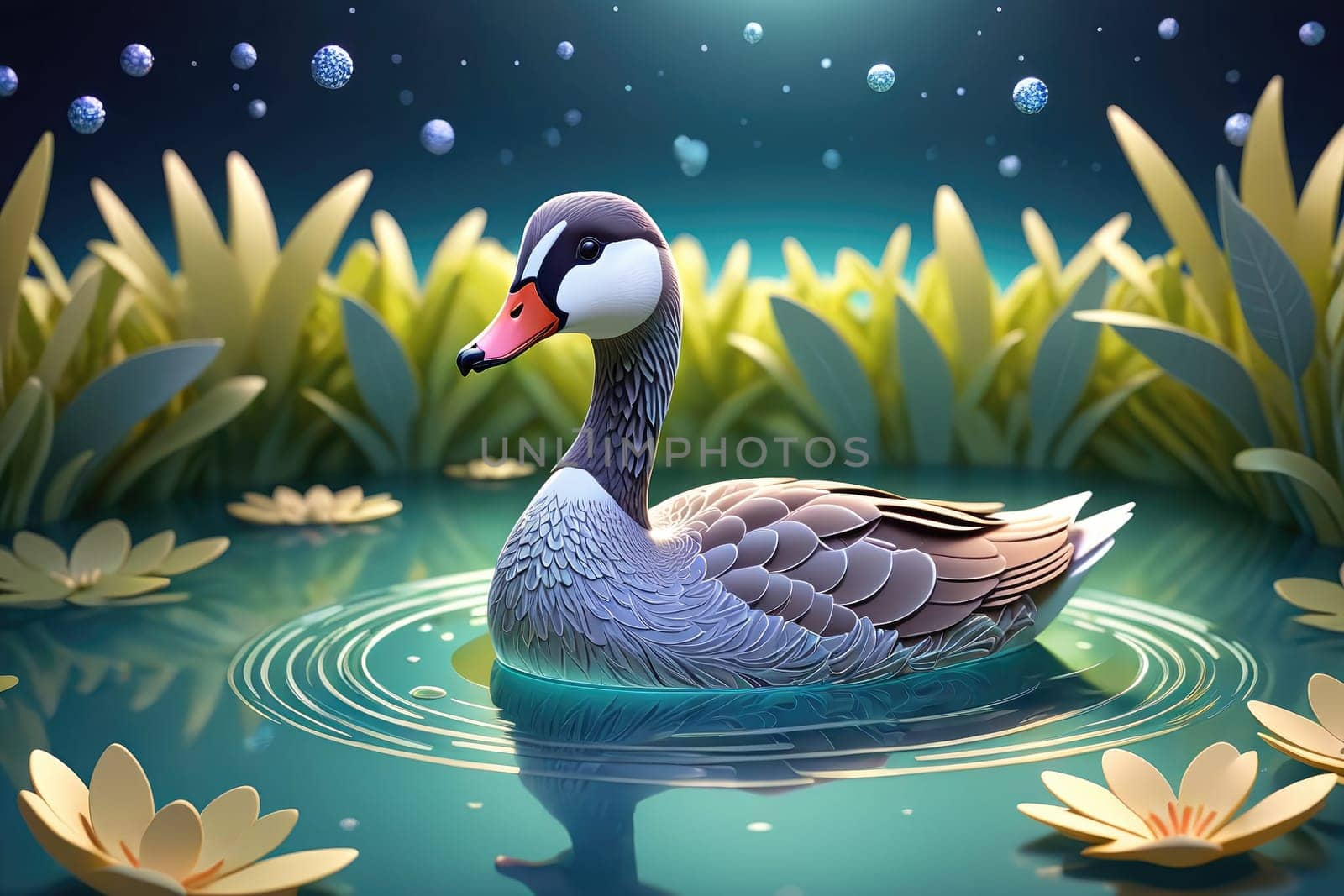 A beautifully detailed duck glides effortlessly across a calm pond, creating gentle ripples in the water. Lush green plants frame the serene setting, while vibrant lily pads dot the surface. The scene takes place during dusk, with soft light enhancing the tranquil ambiance.