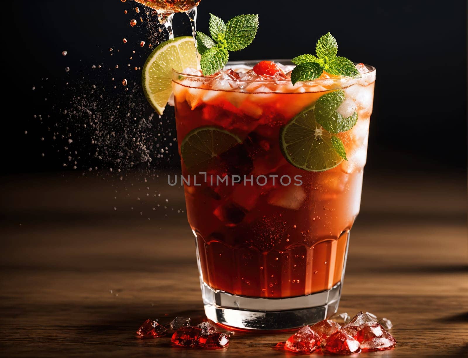 A vibrant drink is presented in a clear glass filled with ice cubes, garnished with fresh mint leaves and lime wedges. The liquid has a rich, reddish hue, suggesting a flavorful mix. Light glimmers off the ice, enhancing the refreshing appearance perfect for a warm day.