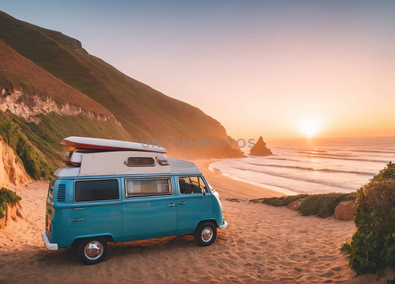 A vibrant vintage camper van is parked on a sandy beach as the sun sets dramatically on the horizon. The golden light reflects off the waves, creating a tranquil atmosphere. Towering coastal cliffs provide a stunning backdrop, enhancing the scenic beauty of this serene location.