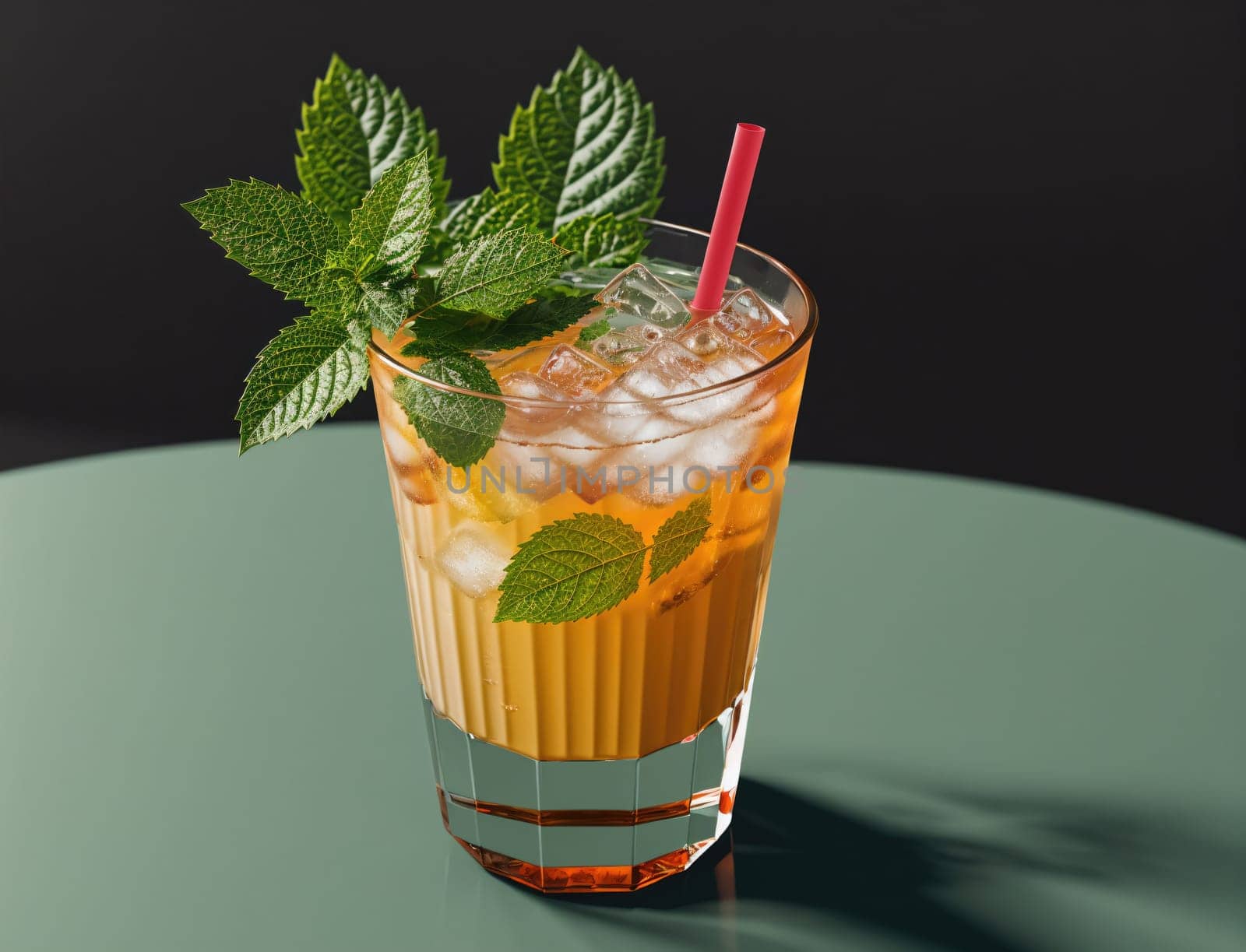 A vibrant, refreshing drink filled with ice is garnished with fresh mint leaves on a stylish table. The glass showcases layers of colorful liquid, inviting the viewer to enjoy a seasonal beverage perfect for warm weather gatherings.
