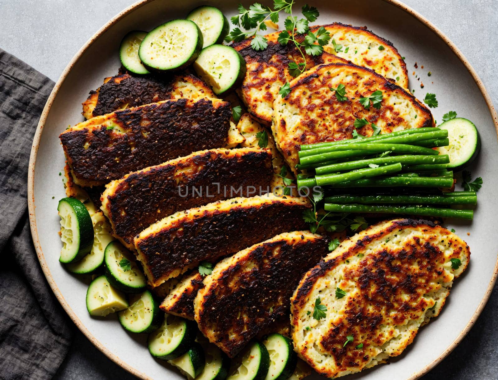 A vibrant platter features grilled vegetable cakes arranged with fresh cucumber slices and tender green beans. The vegetable cakes are golden brown with a crispy exterior, highlighting a delightful combination of flavors. Fresh herbs add a touch of color and aroma to the dish, making it visually appealing and appetizing.