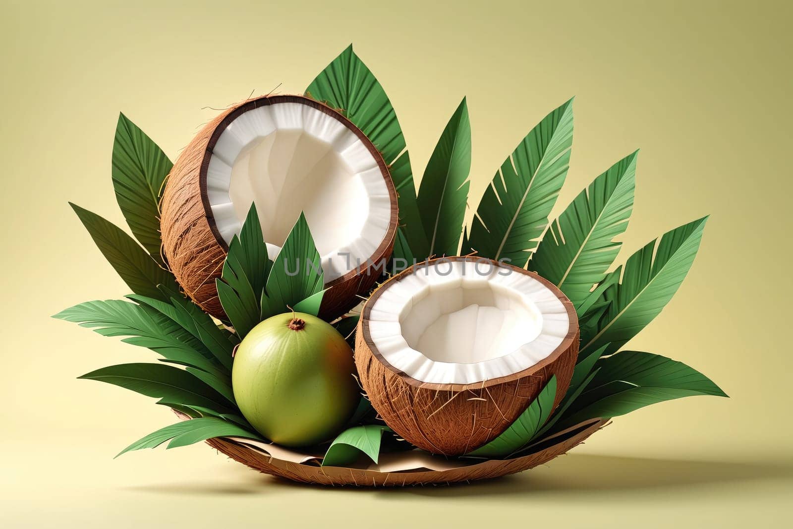 A beautifully arranged display showcases halved coconuts with their creamy interiors next to a shiny green fruit. The coconuts are nestled among an array of lush green leaves, creating a tropical atmosphere that highlights freshness and natural beauty.